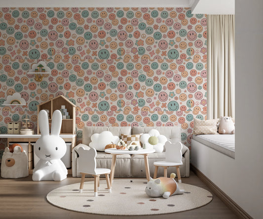 Pastel smiley wallpaper with winking faces, daisies, stars, and little suns