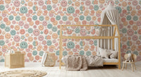 Whimsical Happy Faces and Flower Patterned Decor Wallpaper⁠