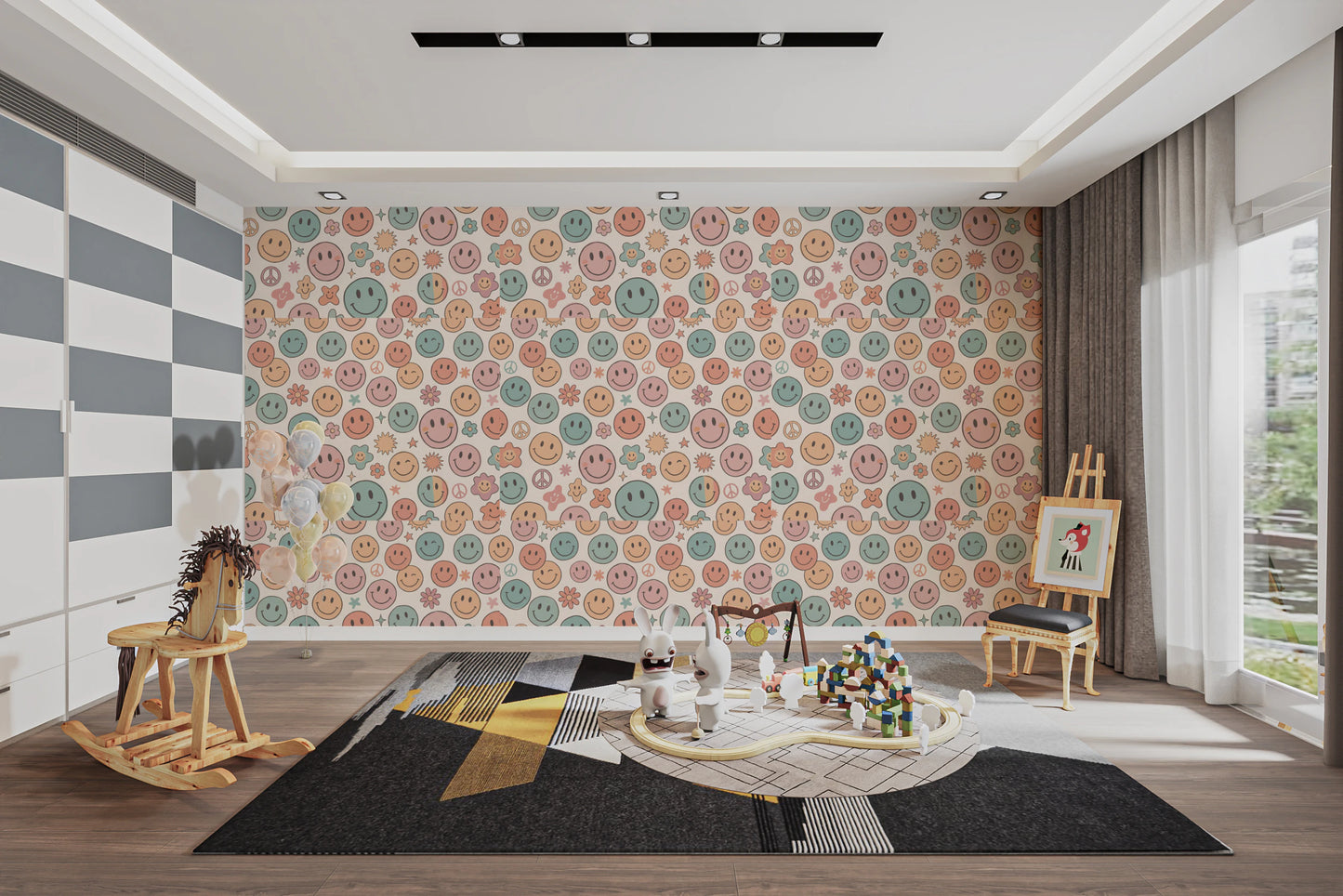 Whimsical Happy Faces and Flower Patterned Decor Wallpaper⁠