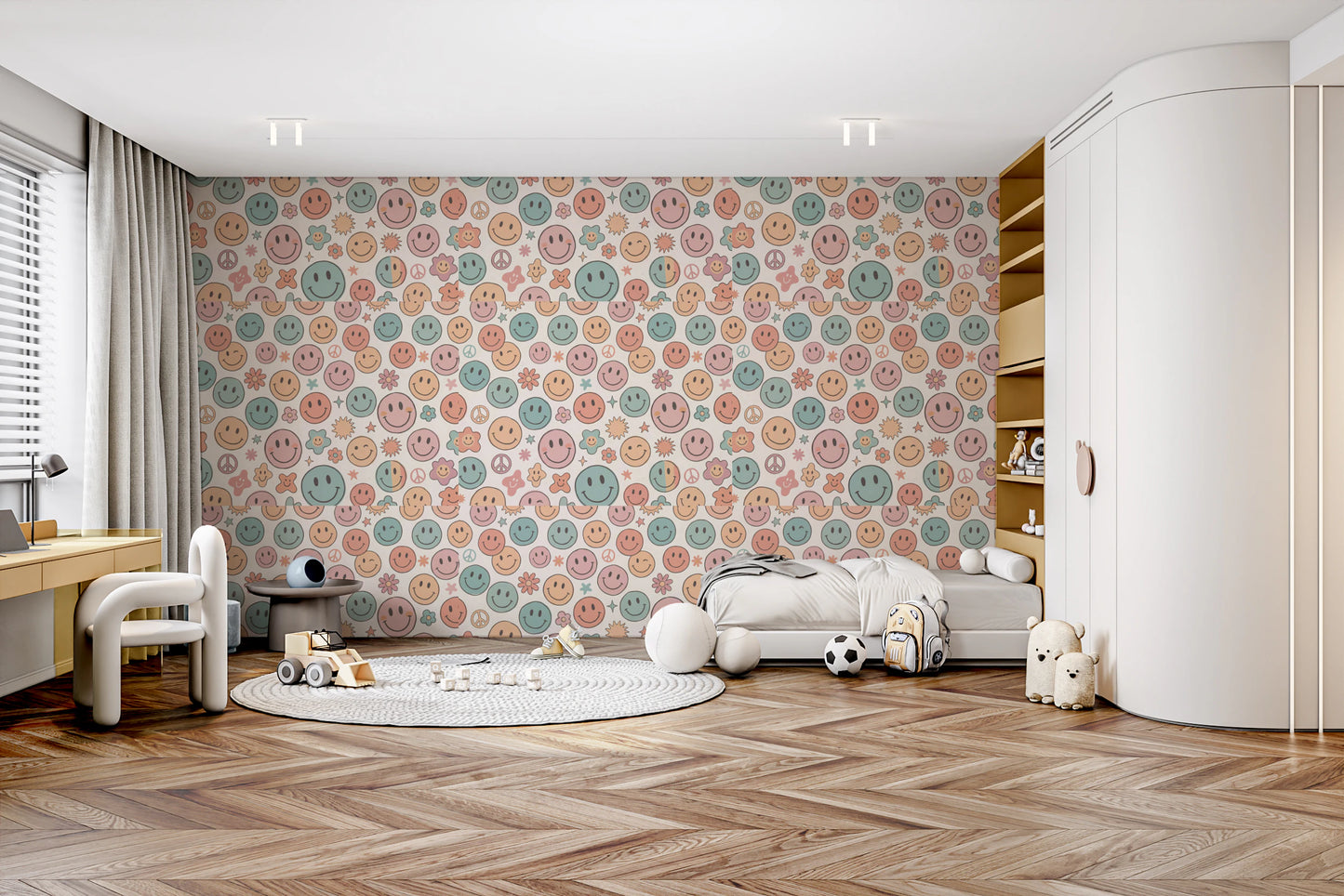 Whimsical Happy Faces and Flower Patterned Decor Wallpaper⁠