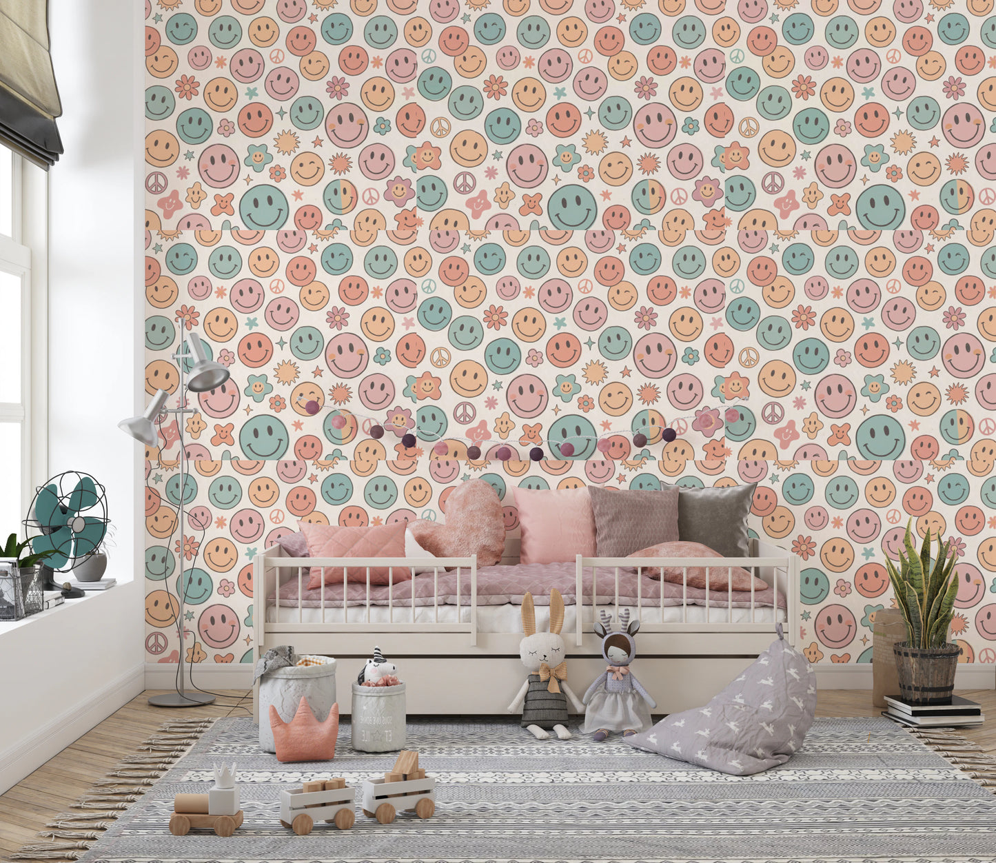 Whimsical Happy Faces and Flower Patterned Decor Wallpaper⁠