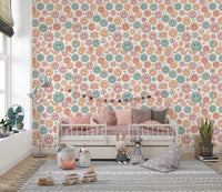 Whimsical Happy Faces and Flower Patterned Decor Wallpaper⁠