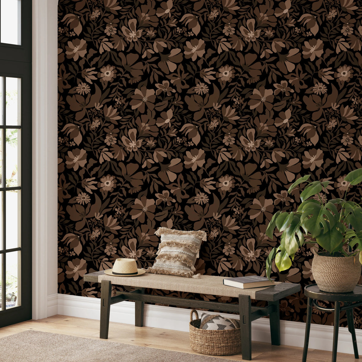 Fall Floral - Brown Beige Wallpaper⁠