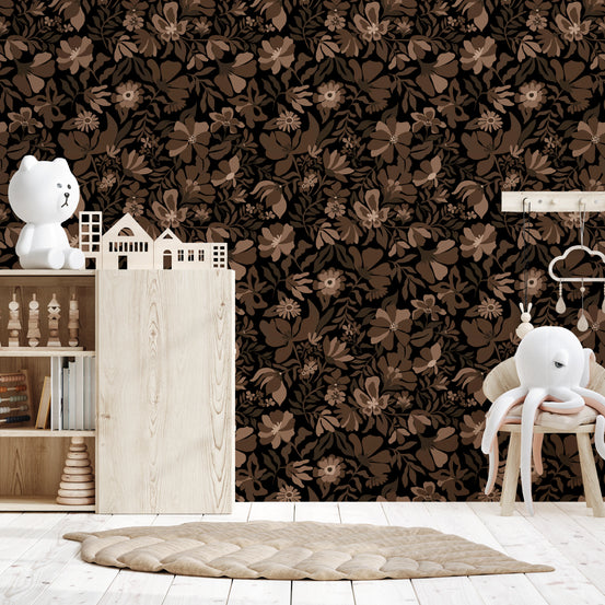 Fall Floral - Brown Beige Wallpaper⁠