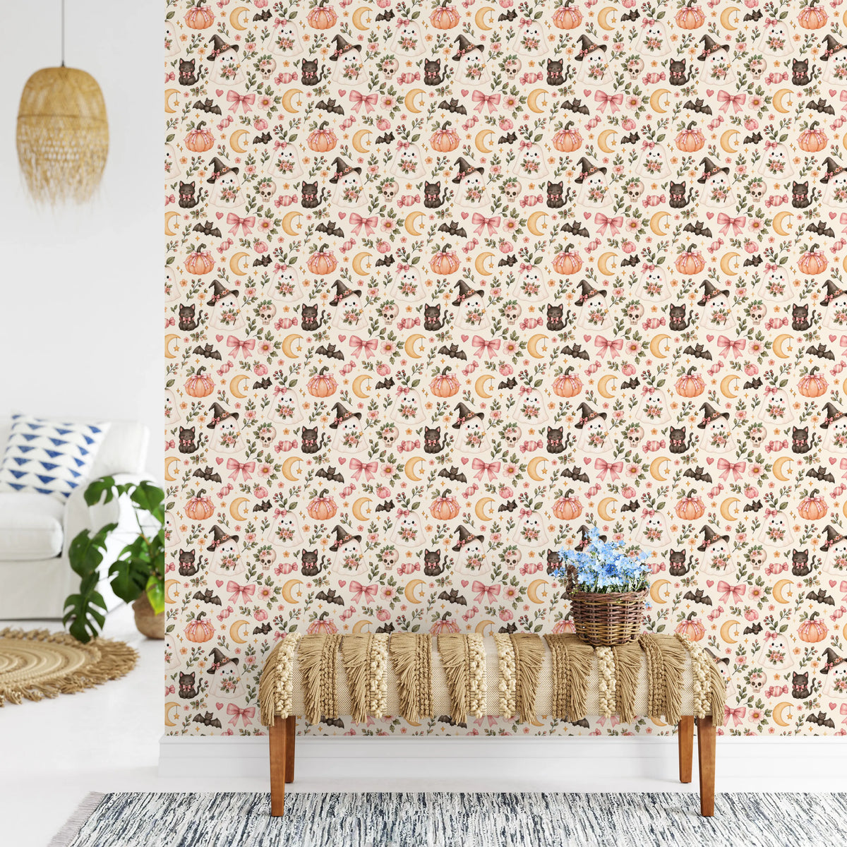 Cute Spooky Halloween Ghosts and Cats Pattern Wallpaper⁠
