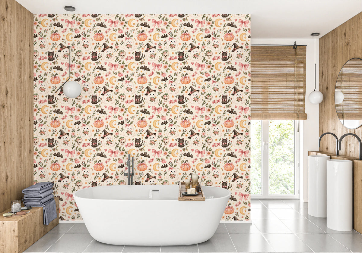 Cute Spooky Halloween Ghosts and Cats Pattern Wallpaper⁠