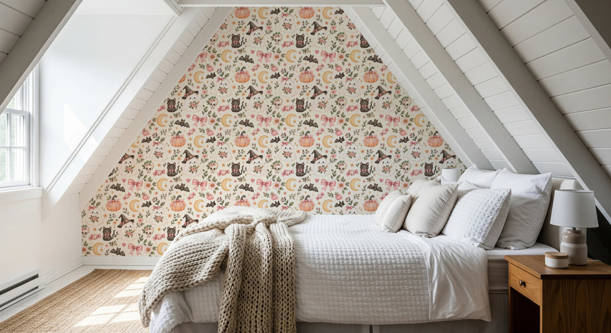 Cute Spooky Halloween Ghosts and Cats Pattern Wallpaper⁠
