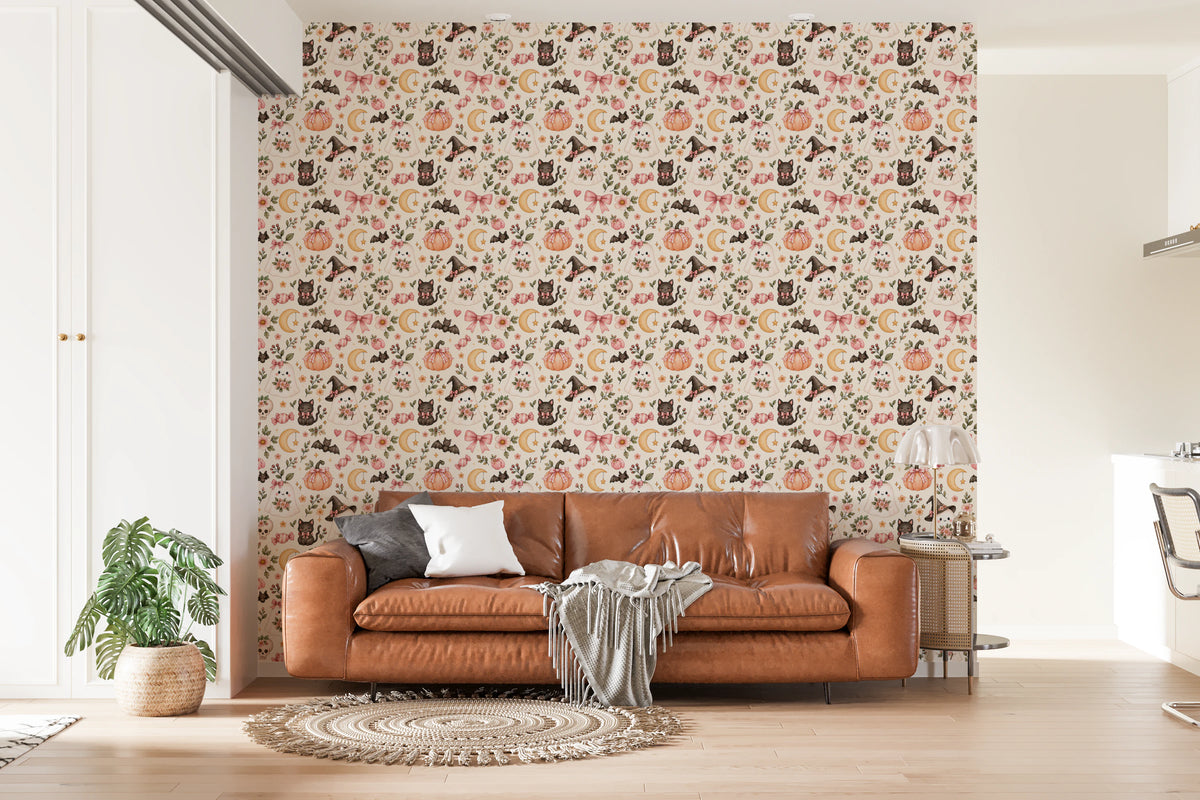 Cute Spooky Halloween Ghosts and Cats Pattern Wallpaper⁠
