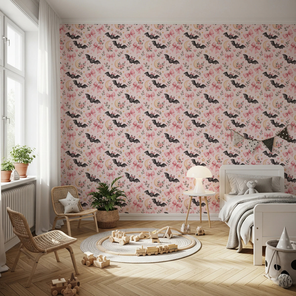 Cute Kawaii Bat and Pink Bow Pattern Wallpaper⁠