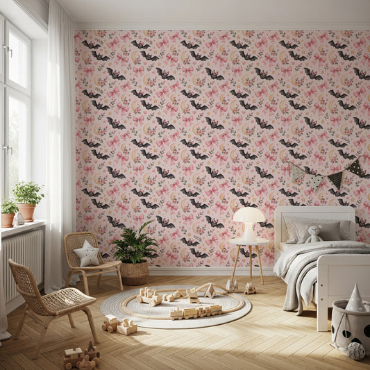 Cute Kawaii Bat and Pink Bow Pattern Wallpaper⁠
