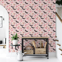 Cute Kawaii Bat and Pink Bow Pattern Wallpaper⁠