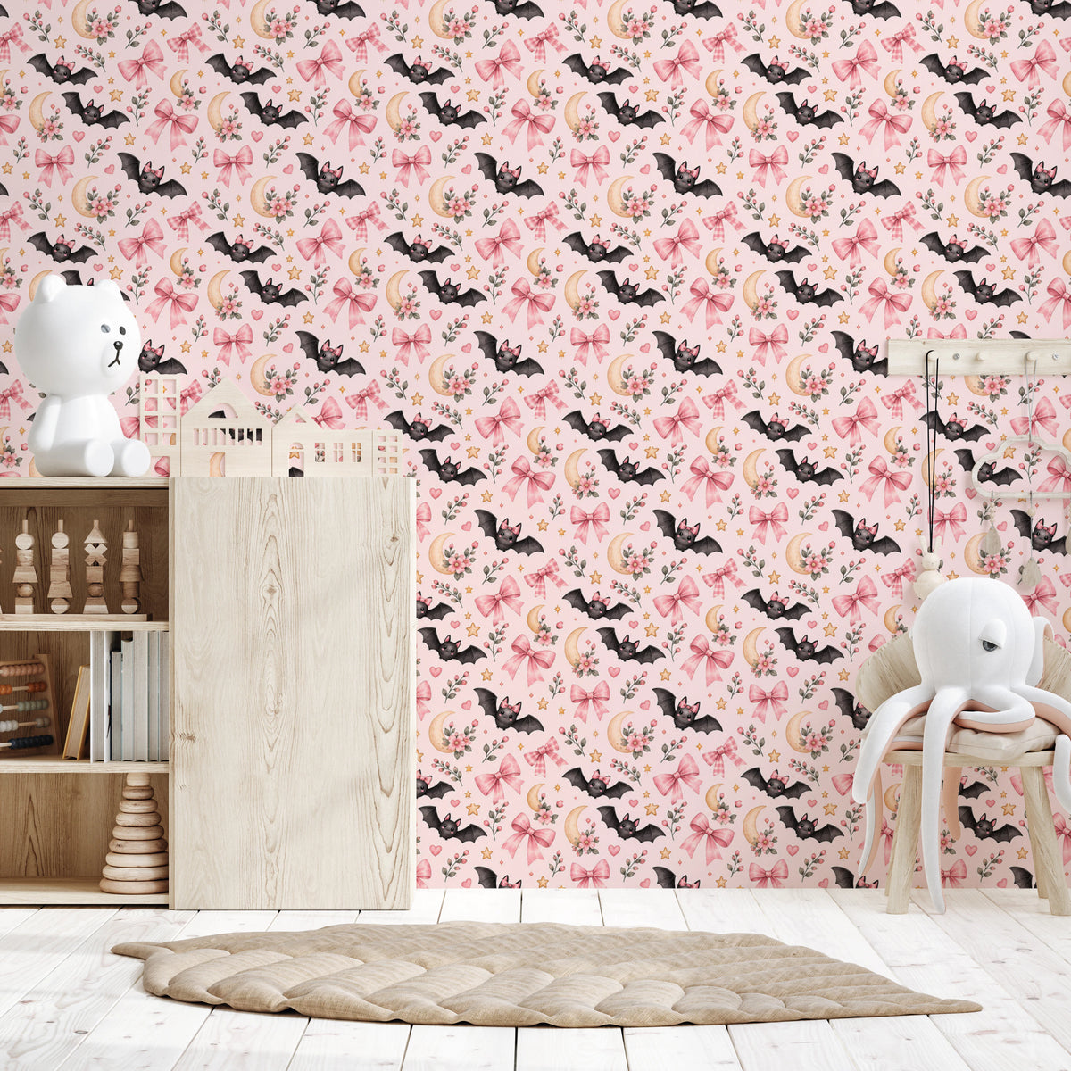 Cute Kawaii Bat and Pink Bow Pattern Wallpaper⁠