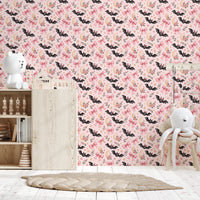 Cute Kawaii Bat and Pink Bow Pattern Wallpaper⁠
