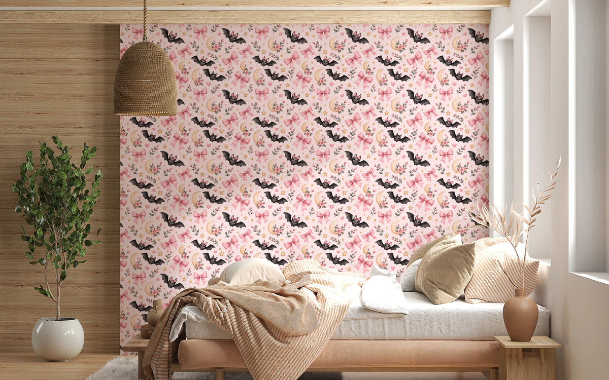 Cute Kawaii Bat and Pink Bow Pattern Wallpaper⁠
