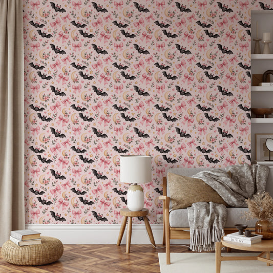 Cute Kawaii Bat and Pink Bow Pattern Wallpaper⁠