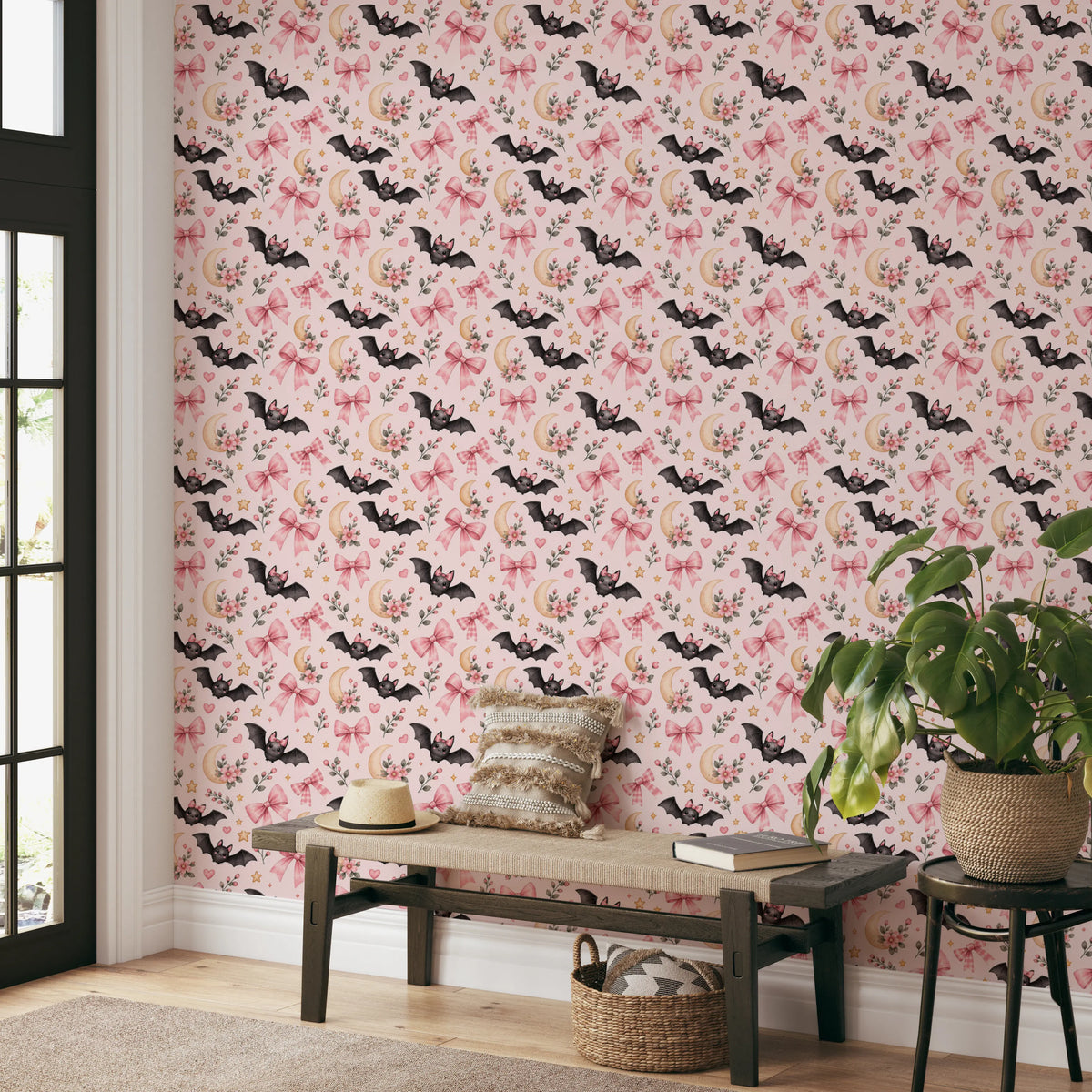 Cute Kawaii Bat and Pink Bow Pattern Wallpaper⁠