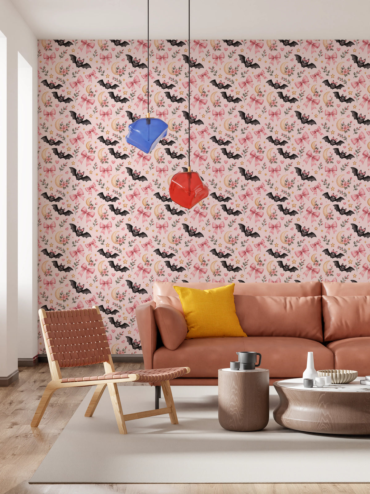 Cute Kawaii Bat and Pink Bow Pattern Wallpaper⁠