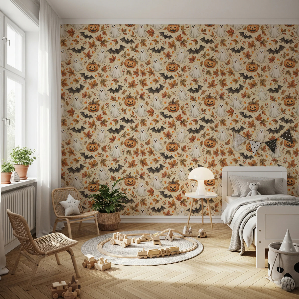 Spooky Halloween Ghost and Pumpkin Pattern Wallpaper⁠
