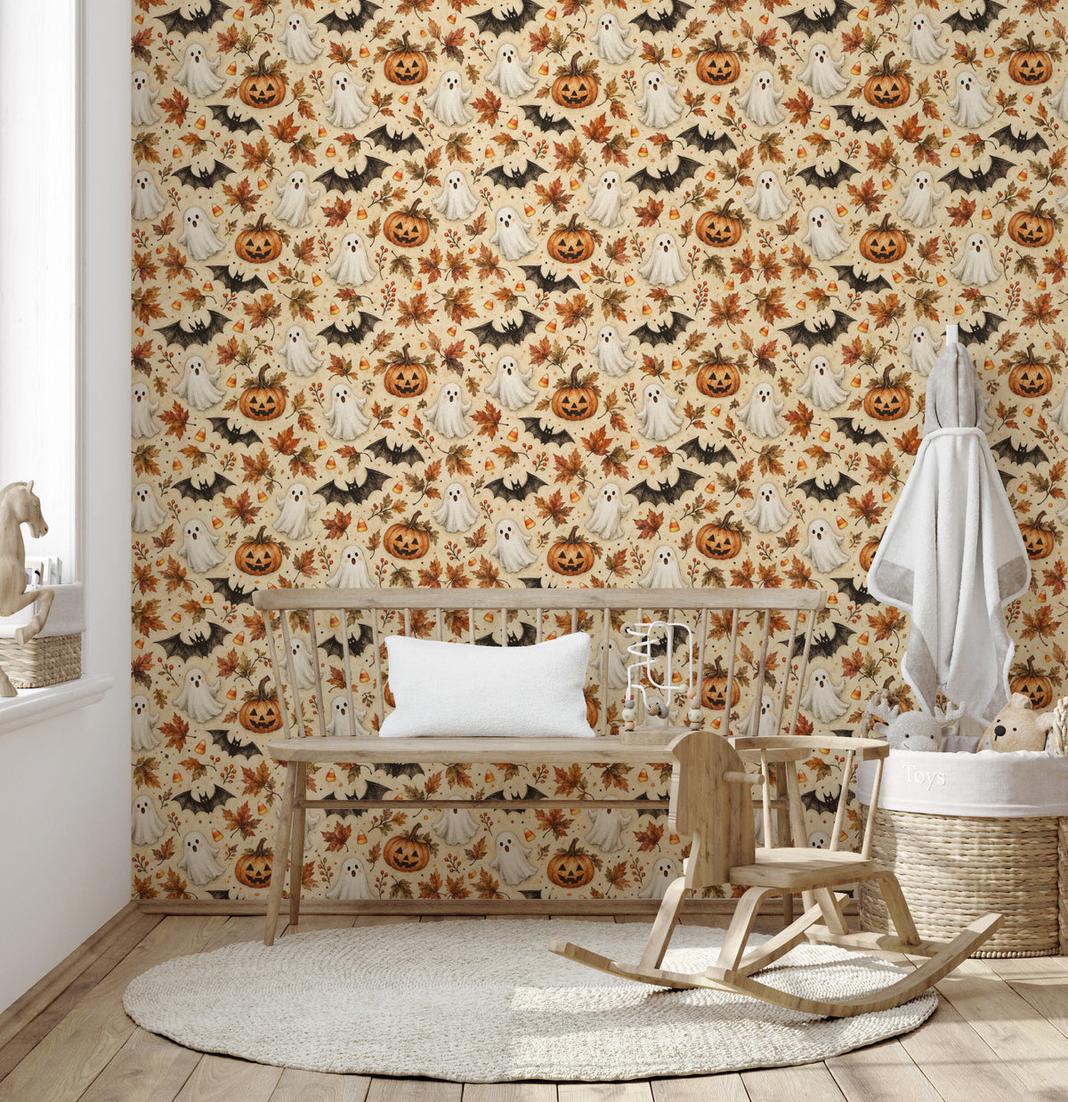 Spooky Halloween Ghost and Pumpkin Pattern Wallpaper⁠