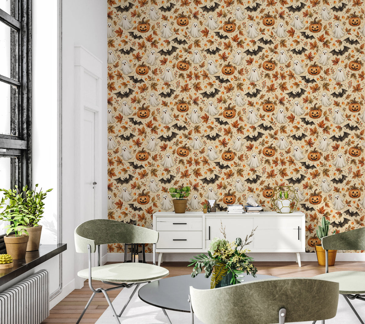 Spooky Halloween Ghost and Pumpkin Pattern Wallpaper⁠