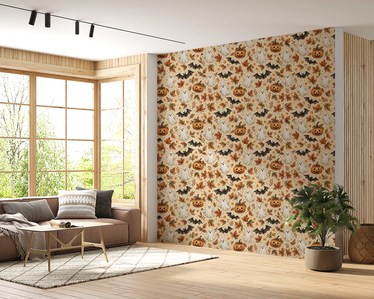 Spooky Halloween Ghost and Pumpkin Pattern Wallpaper⁠