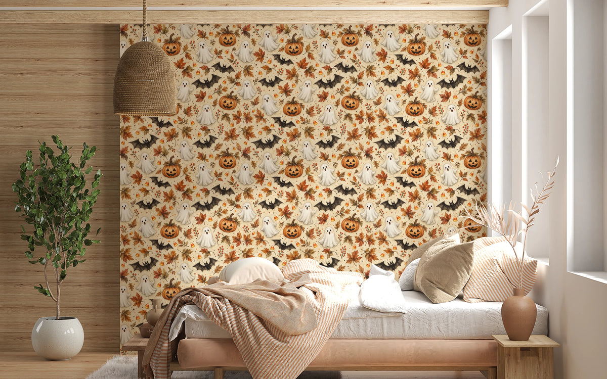 Spooky Halloween Ghost and Pumpkin Pattern Wallpaper⁠