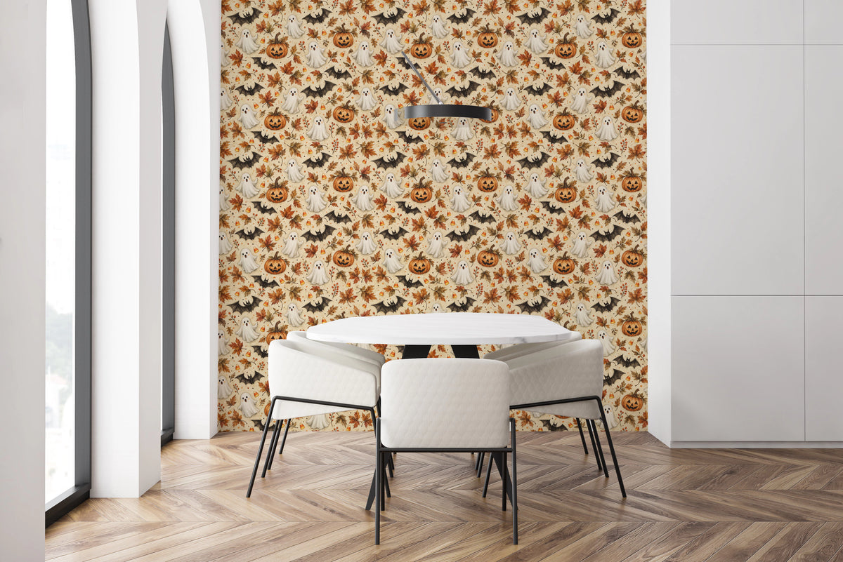 Spooky Halloween Ghost and Pumpkin Pattern Wallpaper⁠
