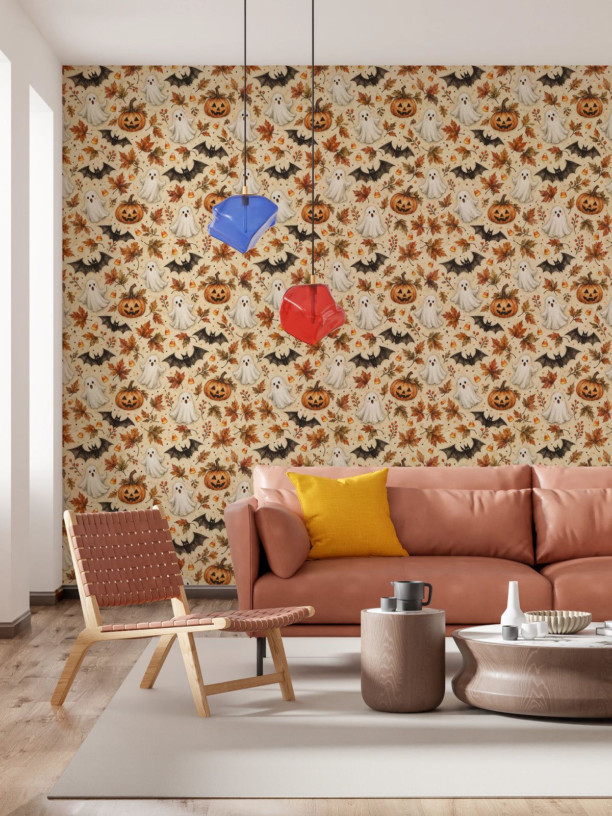 Spooky Halloween Ghost and Pumpkin Pattern Wallpaper⁠