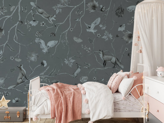 Whimsical Woodland Gray Wall Mural