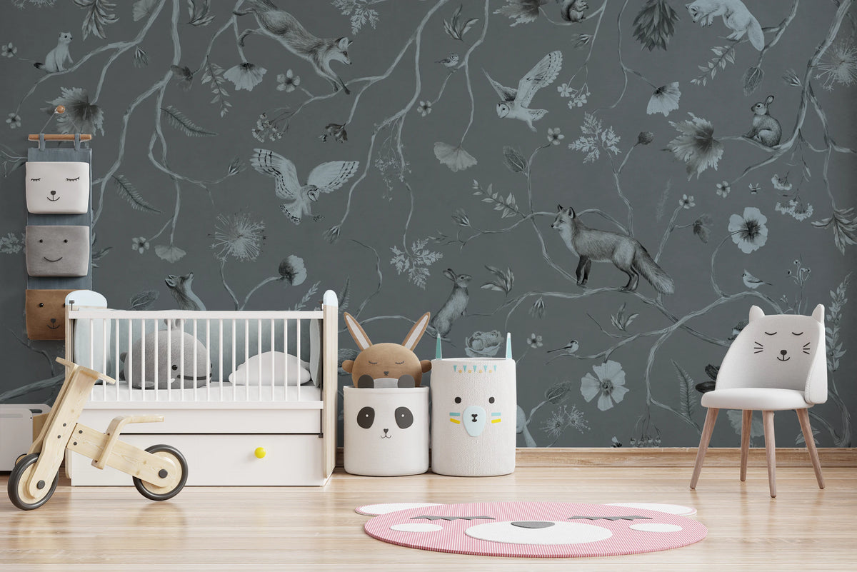 Whimsical Woodland Gray Wall Mural