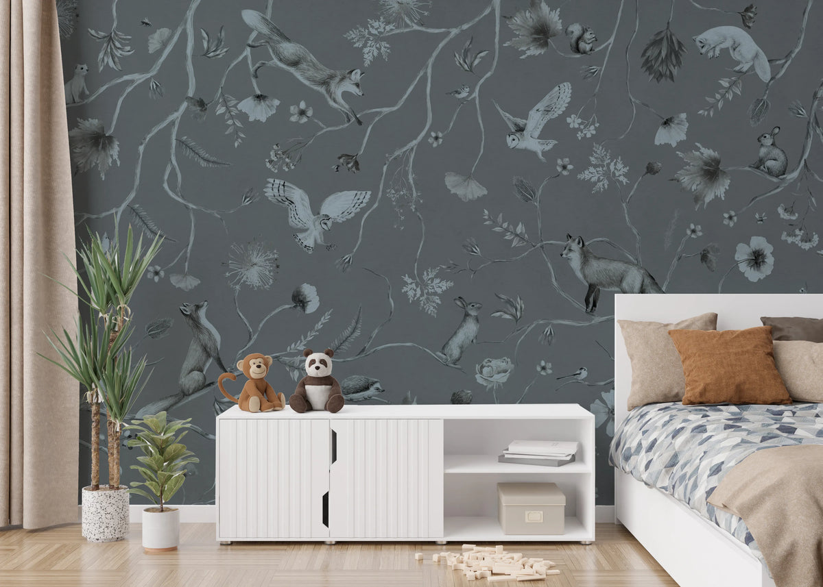 Whimsical Woodland Gray Wall Mural