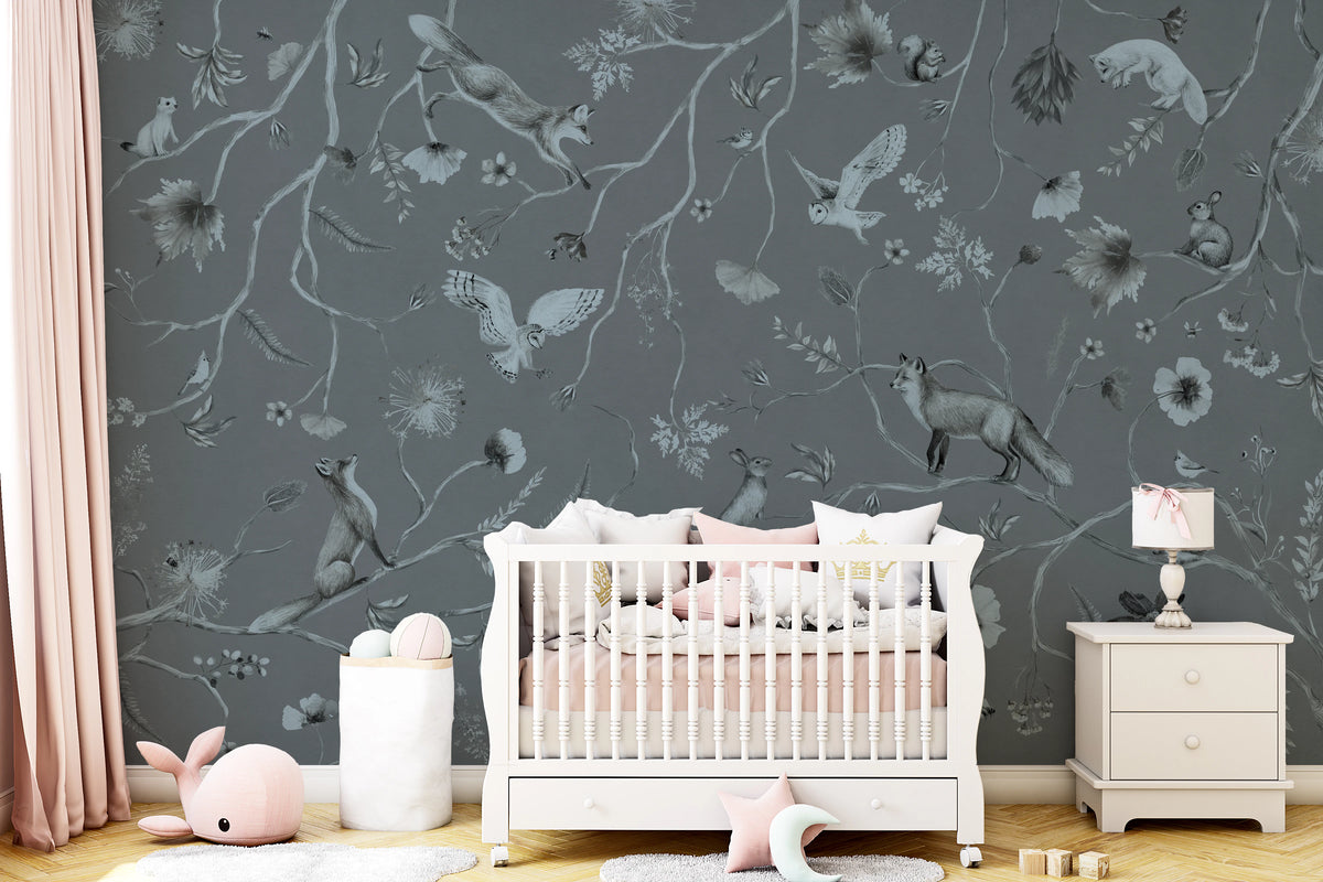 Whimsical Woodland Gray Wall Mural