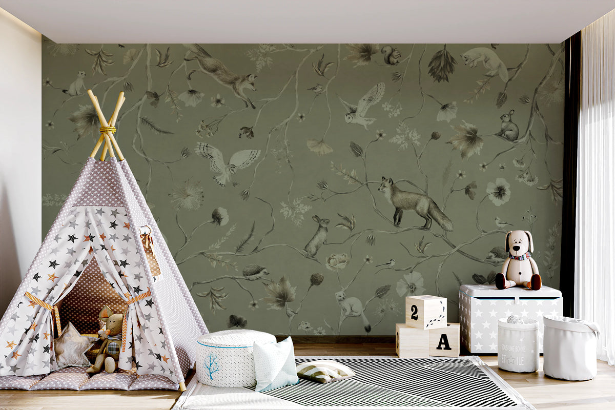 Sage Green Woodland Whisper Wall Mural