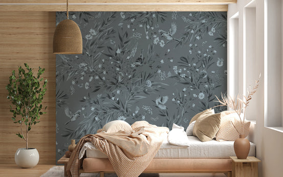 Grey Floral Aviary Wall Mural