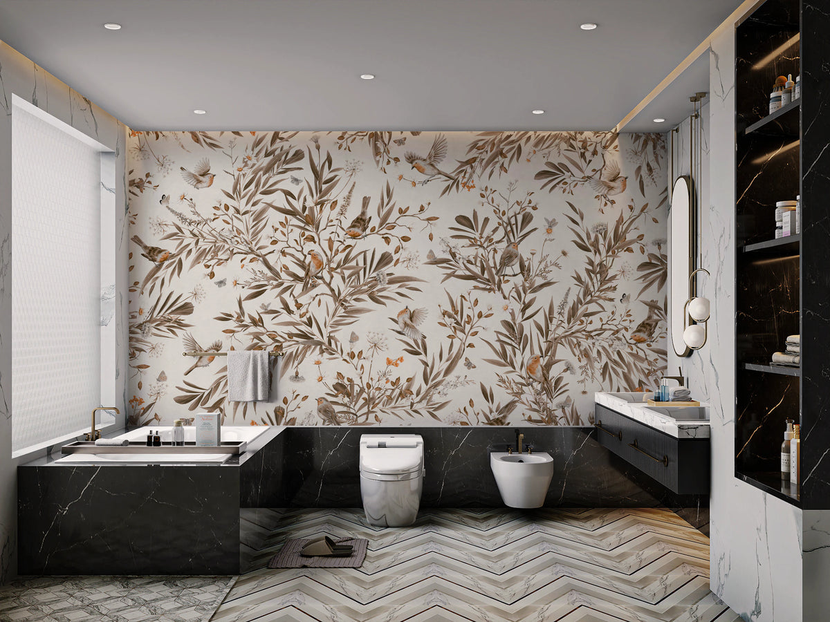 Birds & Blooms: Sepia Serenity Wall Mural