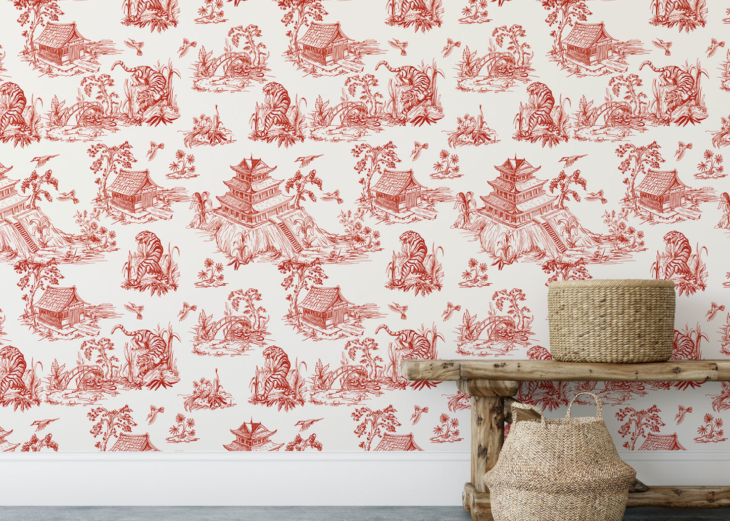 Red Color Seamless Pattern Chinoiserie Style Wallpaper