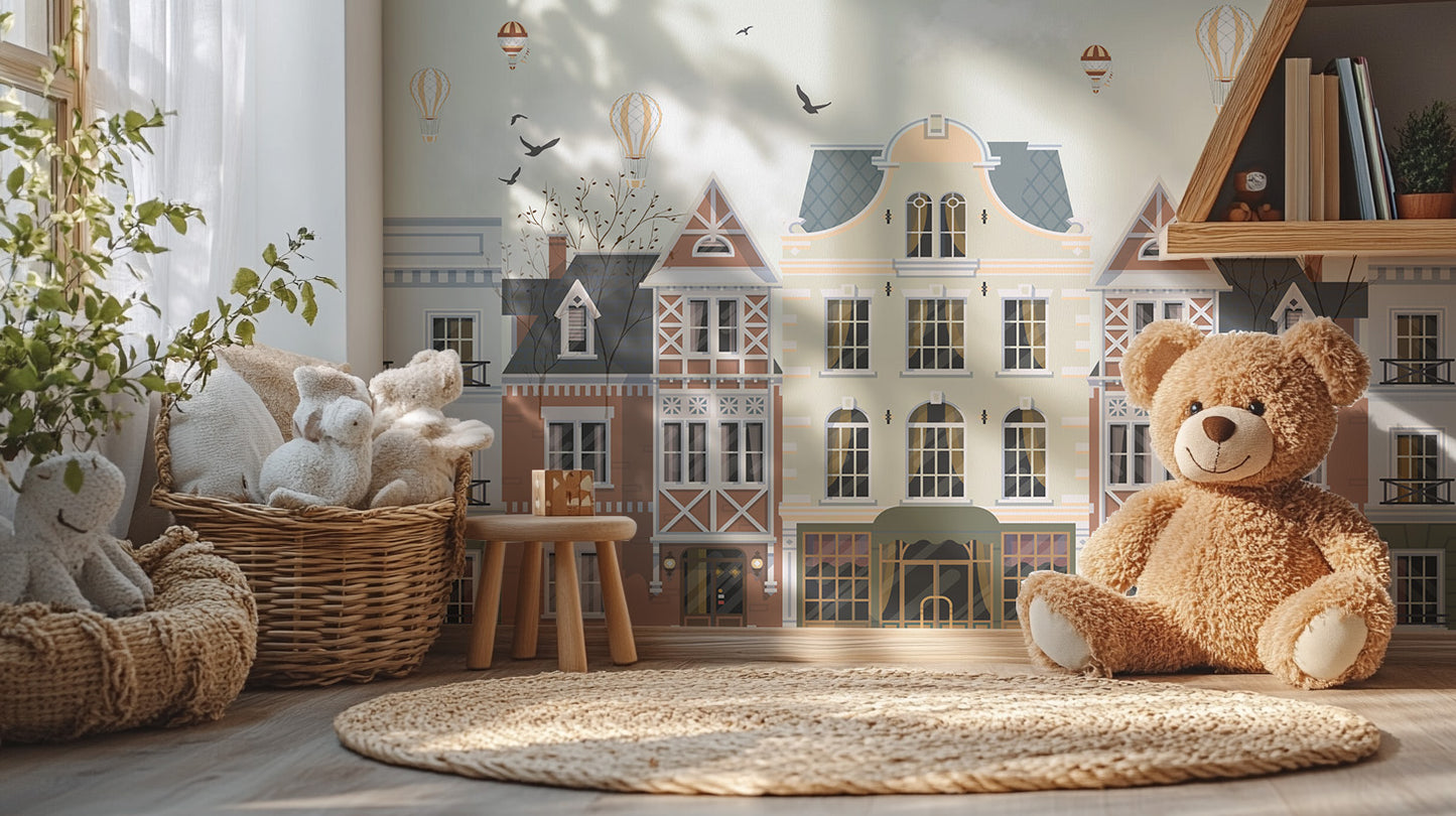 Scenic rowhouses mural for modern interiors

