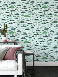 Decorative wallpaper with playful footprints and natural bushes