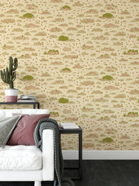 Decorative brown wallpaper with elements of nature and trails
