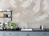 Soft feather drift mural for serene spaces
