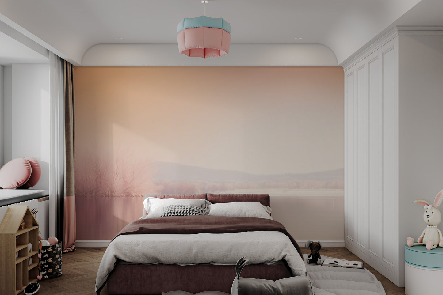 Dreamy misty lake wallpaper design
