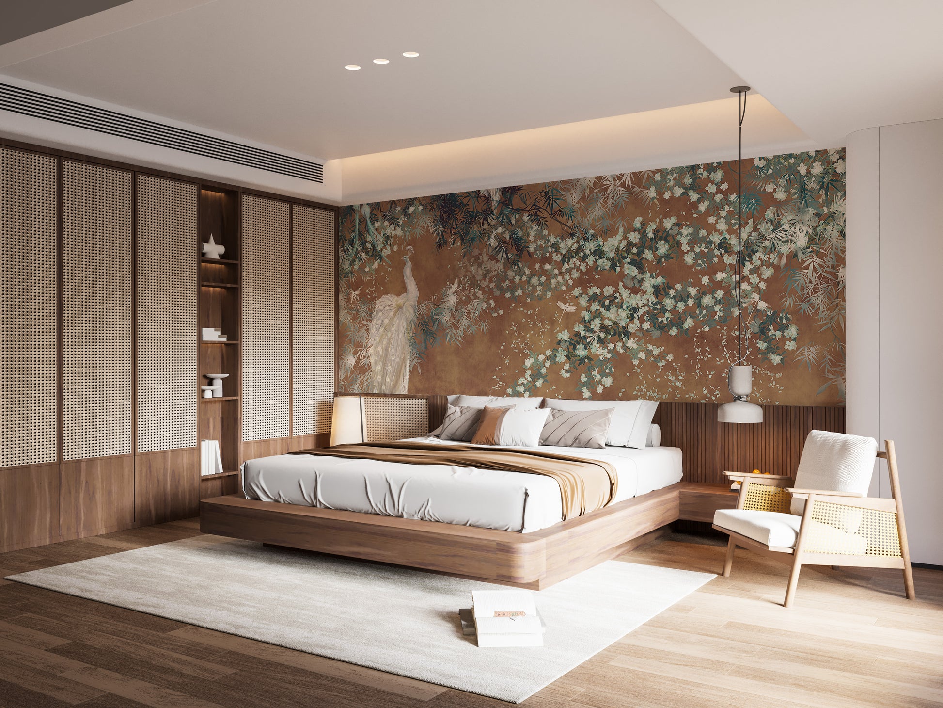 Elegant peacock garden mural for a serene vibe
