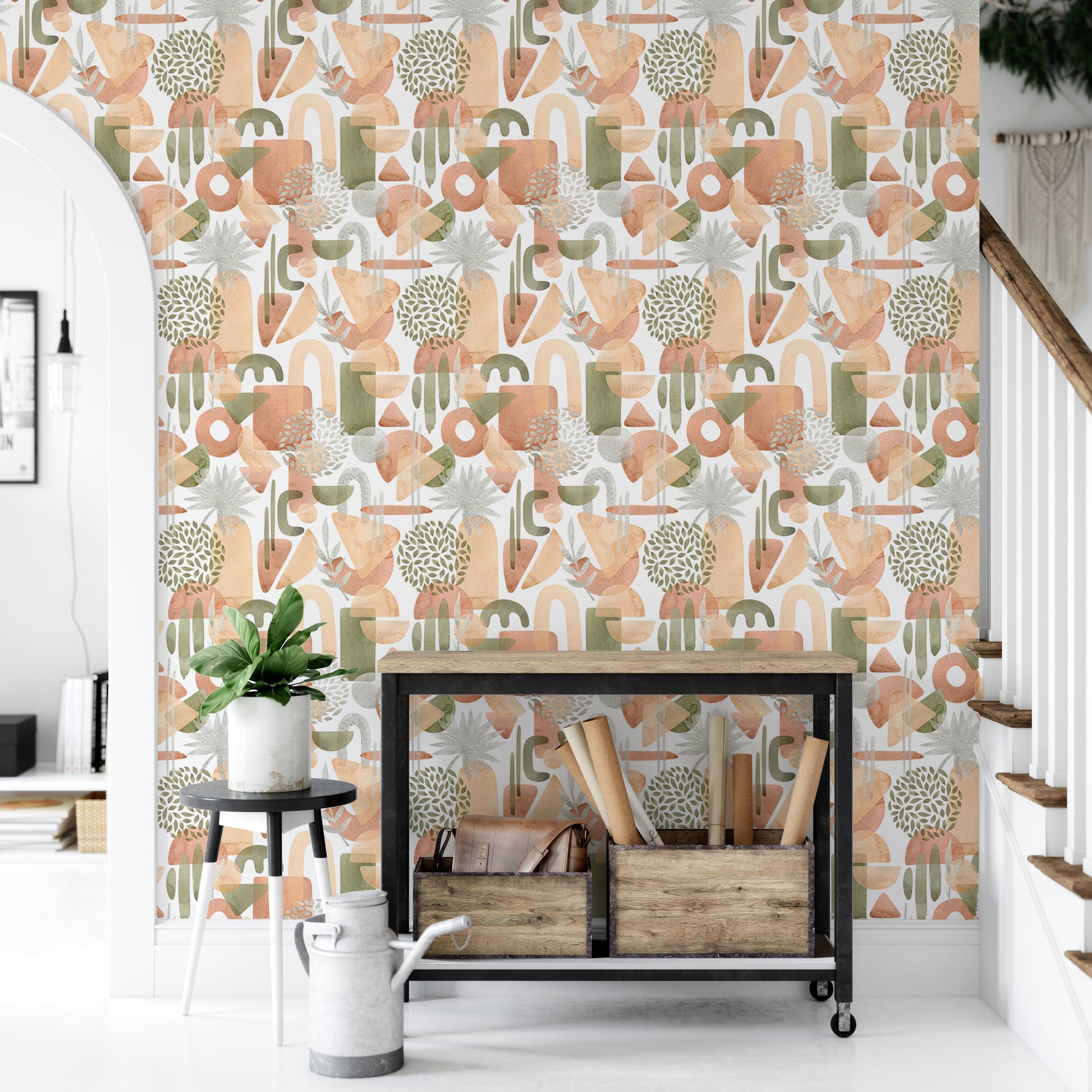 Green pastel watercolor wallpaper with abstract shapes.