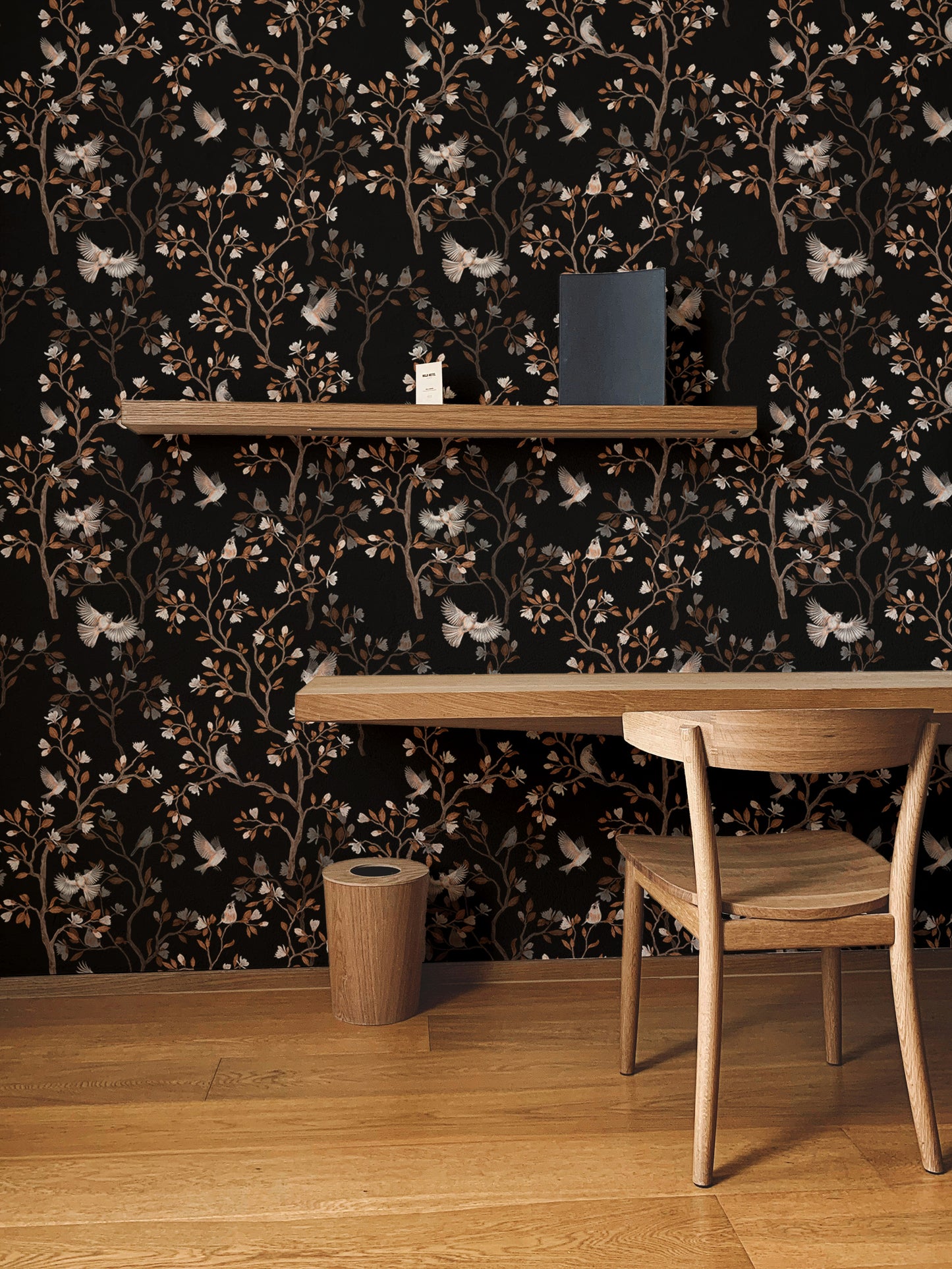 Black Color Chinoiserie Repeat Pattern Magnolia Tree Birds Wallpaper