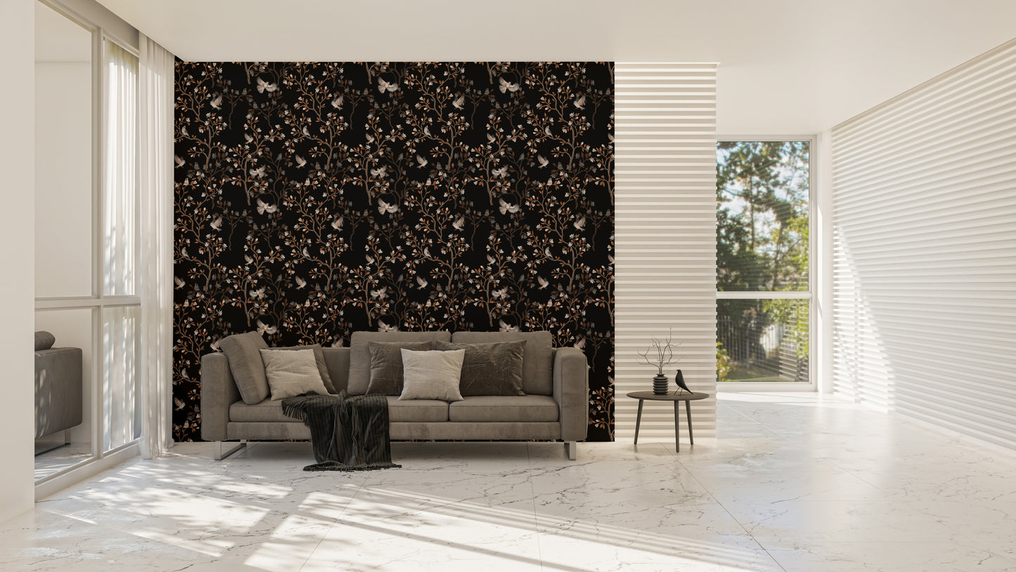 Black Color Chinoiserie Repeat Pattern Magnolia Tree Birds Wallpaper