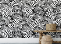 Zebra-themed wallpaper in classic black and white tones