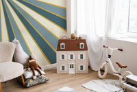 Radiating striped pattern mural in green, cream, and gold accents