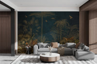 Exotic foliage and bird wallpaper design