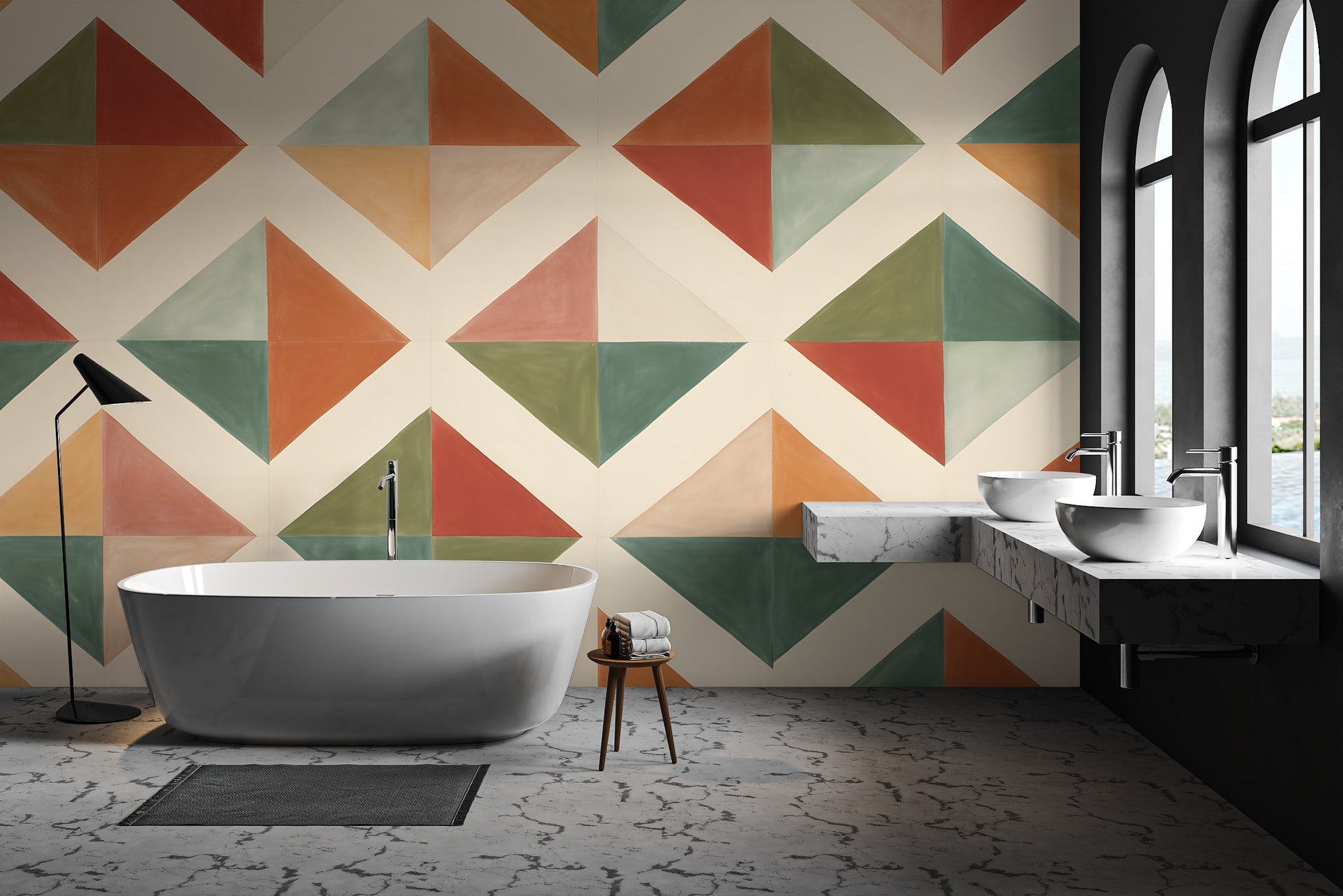 Retro geometric print mural with triangles
