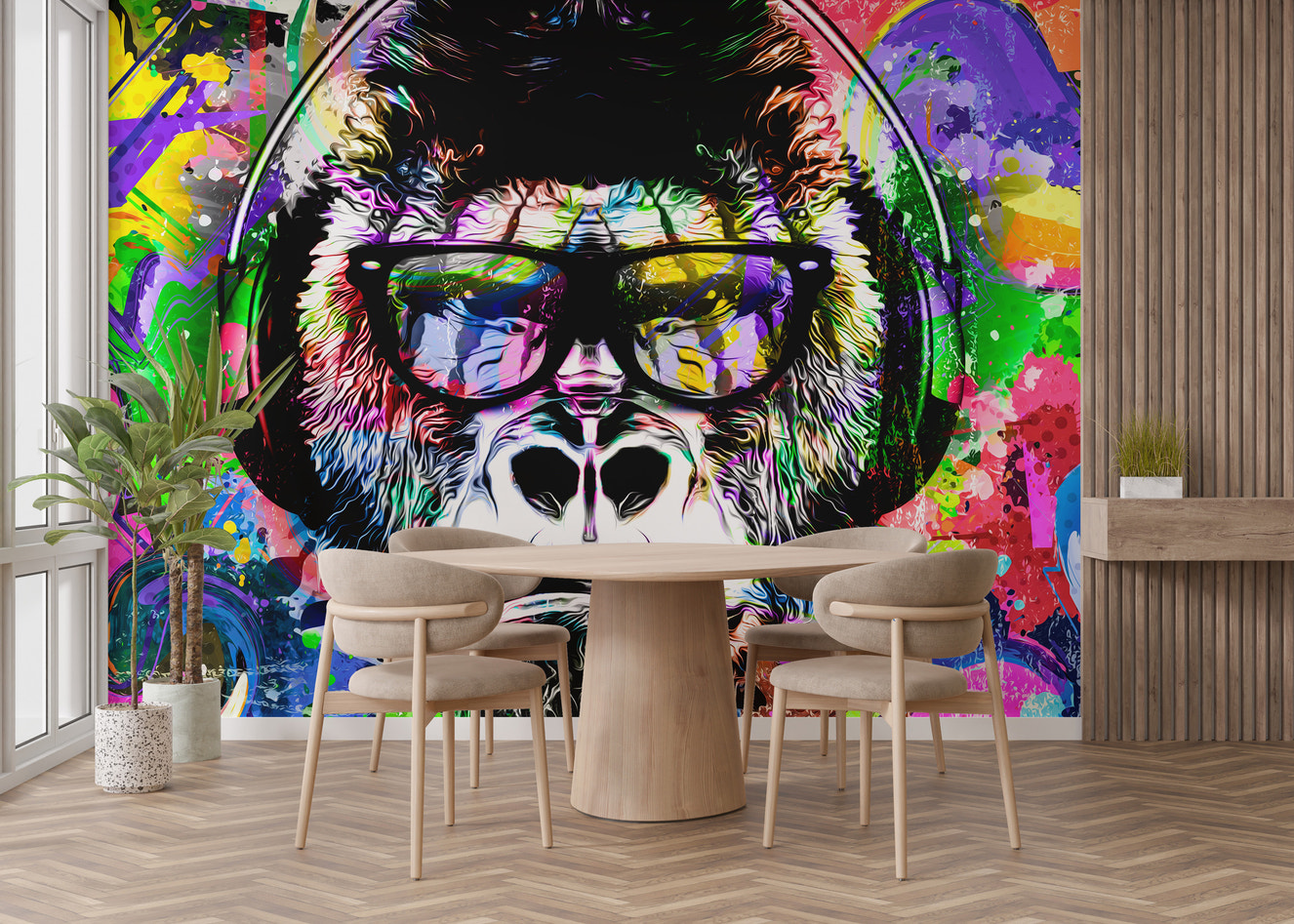 Vibrant urban jungle graffiti mural design
